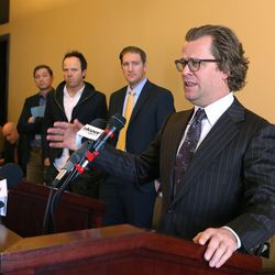 Founder and CEO of Domo Josh James and others announce wish to pass the Support for Non-Competes (H.B. 251) bill at the Utah State Capitol, Friday, March 4, 2016, in Salt Lake City.