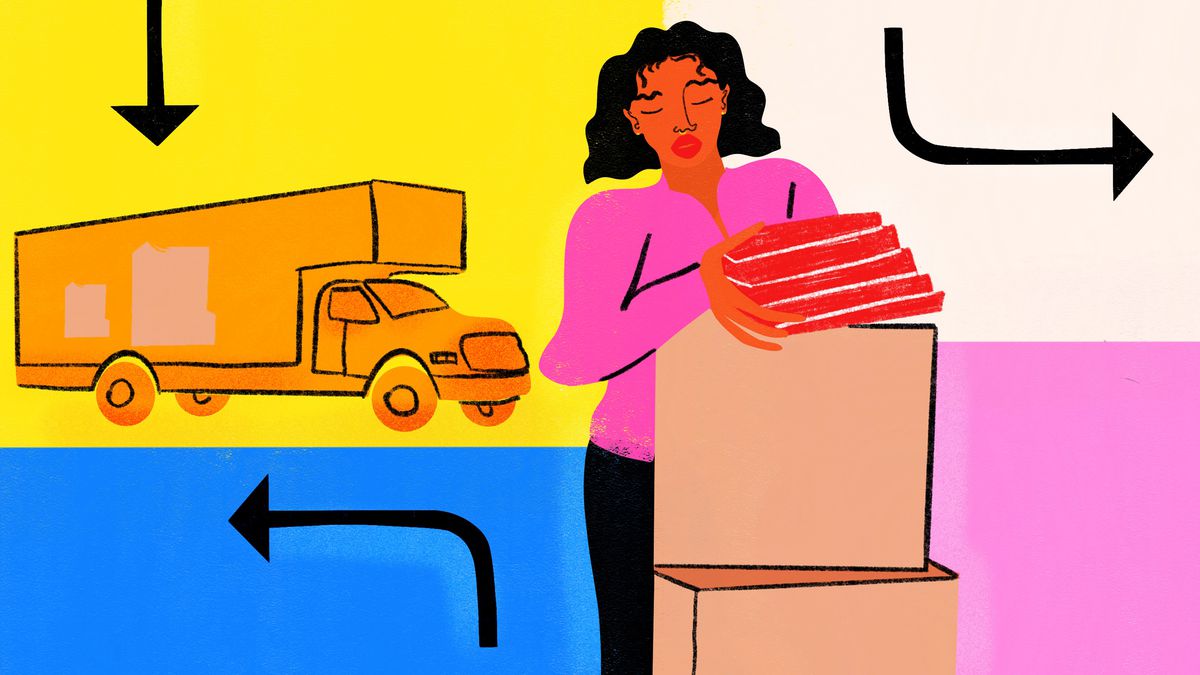 A brightly colored illustration of a person packing, with a moving truck and directional arrows in the background.