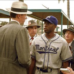 In "42," Chadwick Boseman plays Jackie Robinson, the first African American on a U.S. major league baseball team.    