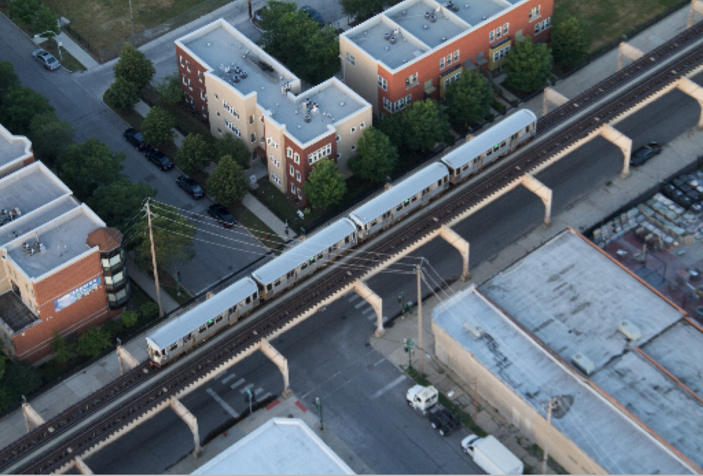 A Green Line L train is seen from the air on “Aerial Cities.” | SMITHSONIAN CHANNEL