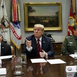 President Donald Trump calls on a reporter during a briefing on drug trafficking at the southern border in the Roosevelt Room of the White House, Wednesday, March 13, 2019, in Washington.
