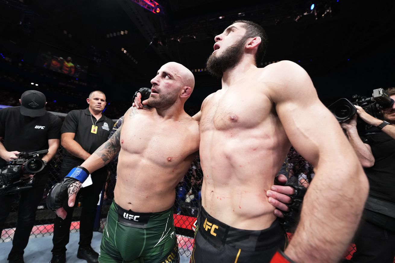 Islam Makhachev and Alexander Volkanovski after UFC 284.
