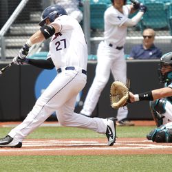 The Coastal Carolina Chanticleers take on the UConn Huskies in the fifth game of the Conway Regional during the 2018 NCAA Baseball Tournament at Springs Brook Stadium in Conway, SC on June 3, 2018.