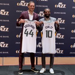 Mike Conley and Bojan Bogdanovic participated in an introductory press conference for the Utah Jazz on Monday, July 8, 2019 in Las Vegas where they showcased their No. 10 and No. 44 jerseys.