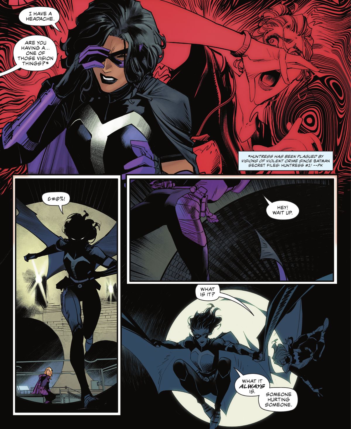 Huntress reels from a vision of a woman from the perspective of her attacker, and then dashes off to save her in Dectective Comics #1046 (2021). 