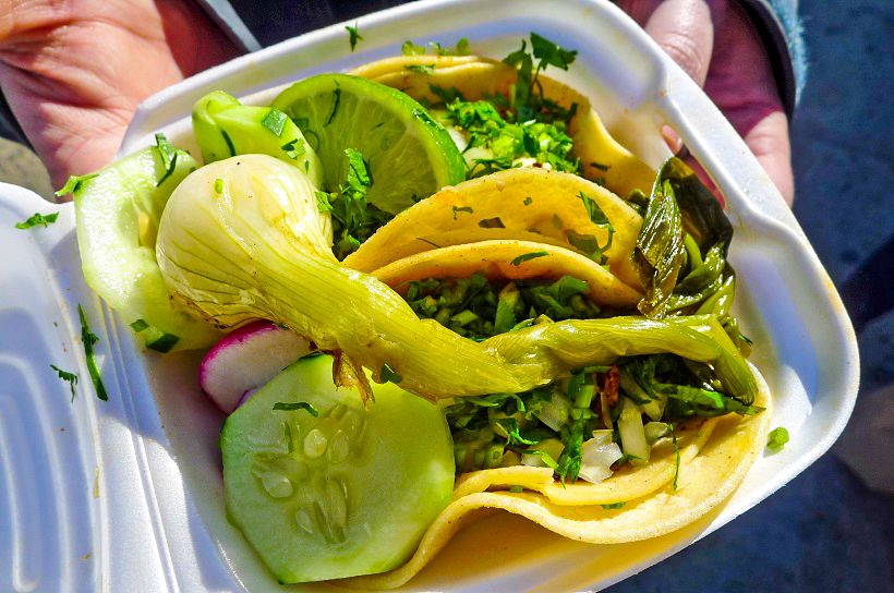 A takeout container filled with green onions and a few double-wrapped tacos placeros with vegetable and meat fillings