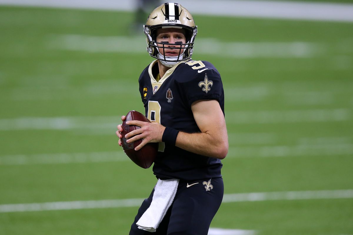 Brees #9 of the New Orleans Saints throws the ball against the Carolina Panthers during a game at the Mercedes-Benz Superdome on October 25, 2020 in New Orleans, Louisiana.