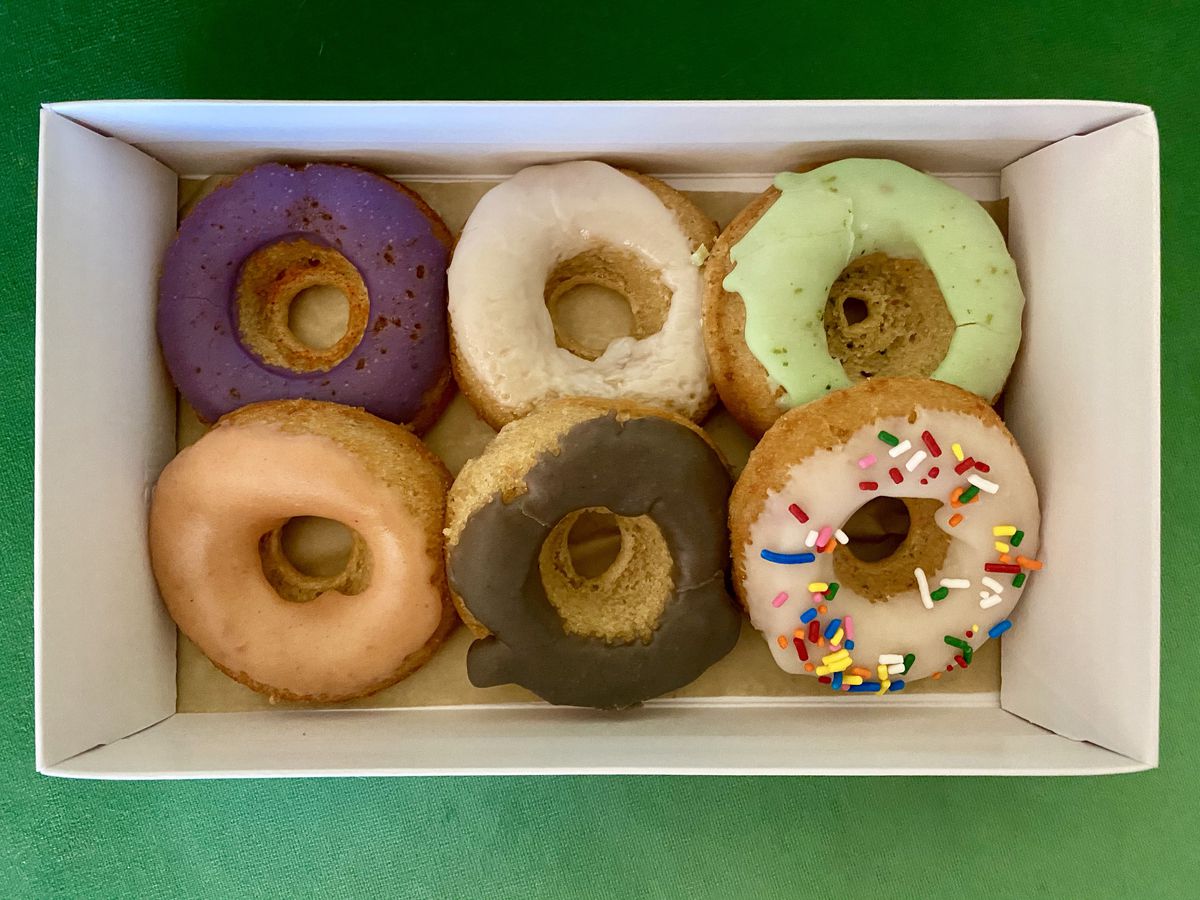 Box of a colorful half-dozen donuts from Mikiko