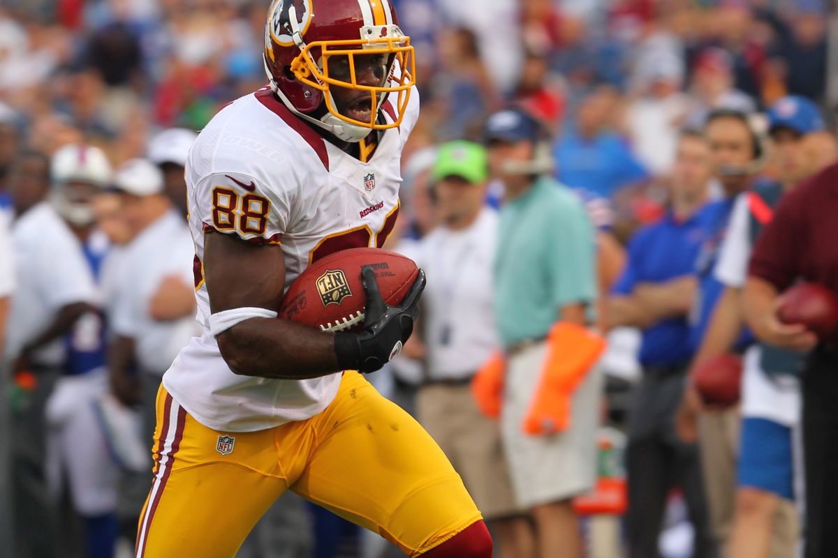 Aug. 9, 2012; Orchard Park, NY, USA;  Washington Redskins wide receiver Pierre Garcon (88) runs the ball in for a first half touchdown against the Buffalo Bills at Ralph Wilson Stadium.  Mandatory Credit: Timothy T. Ludwig-US PRESSWIRE