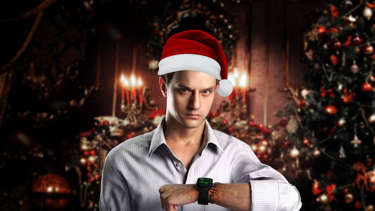 Ethan Winters from Resident Evil, photoshopped to be wearing a santa hat, standing in front of some Christmas trees.
