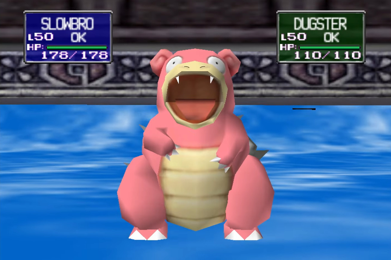 A screenshot of Pokémon Stadium on Nintendo Switch Online. Slowbro is in the center of the image with an open mouth.