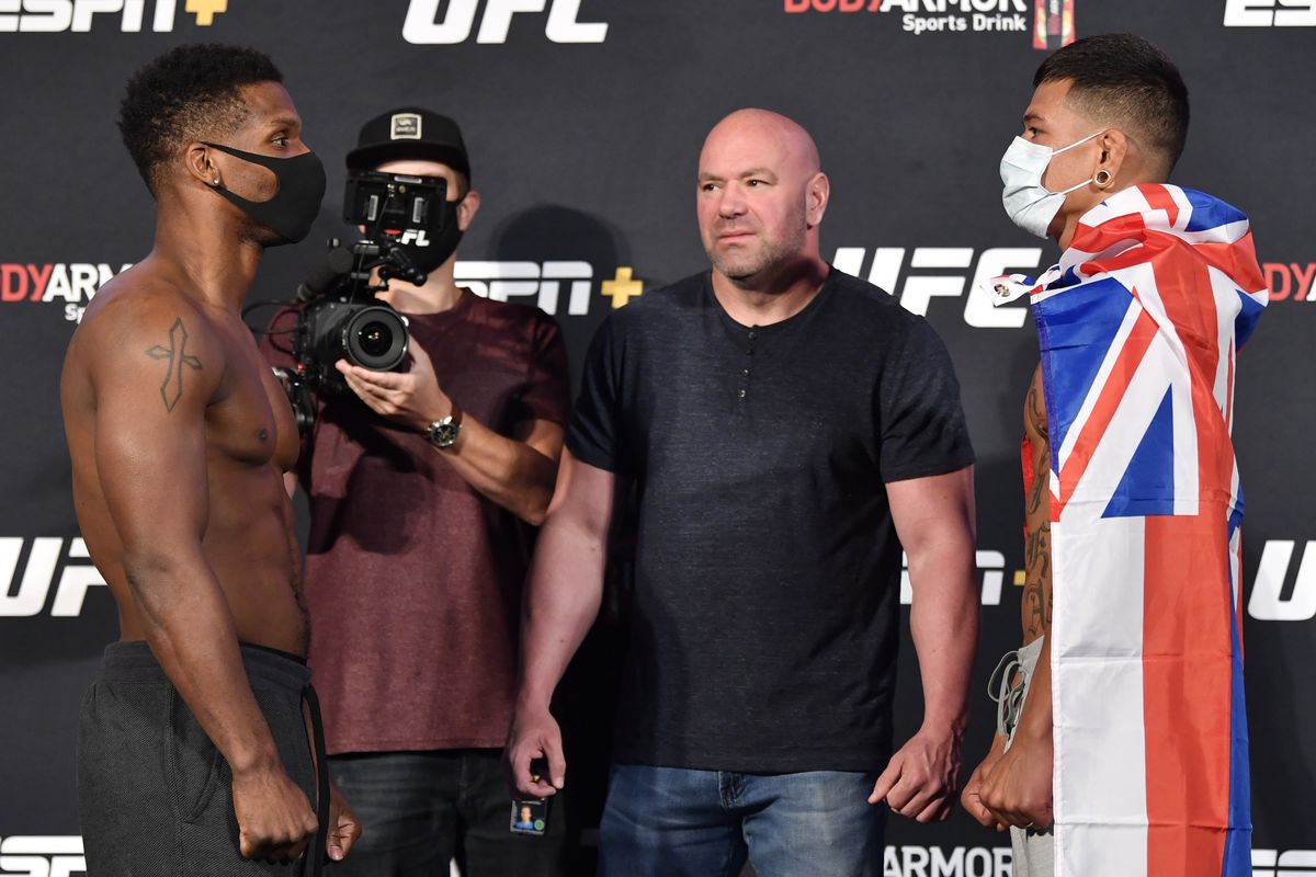 Opponents Charles Byrd and Maki Pitolo face off during the UFC 250 weigh-in at UFC APEX on June 05, 2020 in Las Vegas, Nevada.