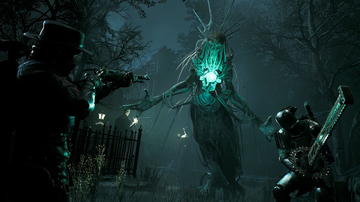 One player aims their rifle at a floating, poltergeist-esque enemy, while another prepares to swing their chainsaw sword in Remnant 2