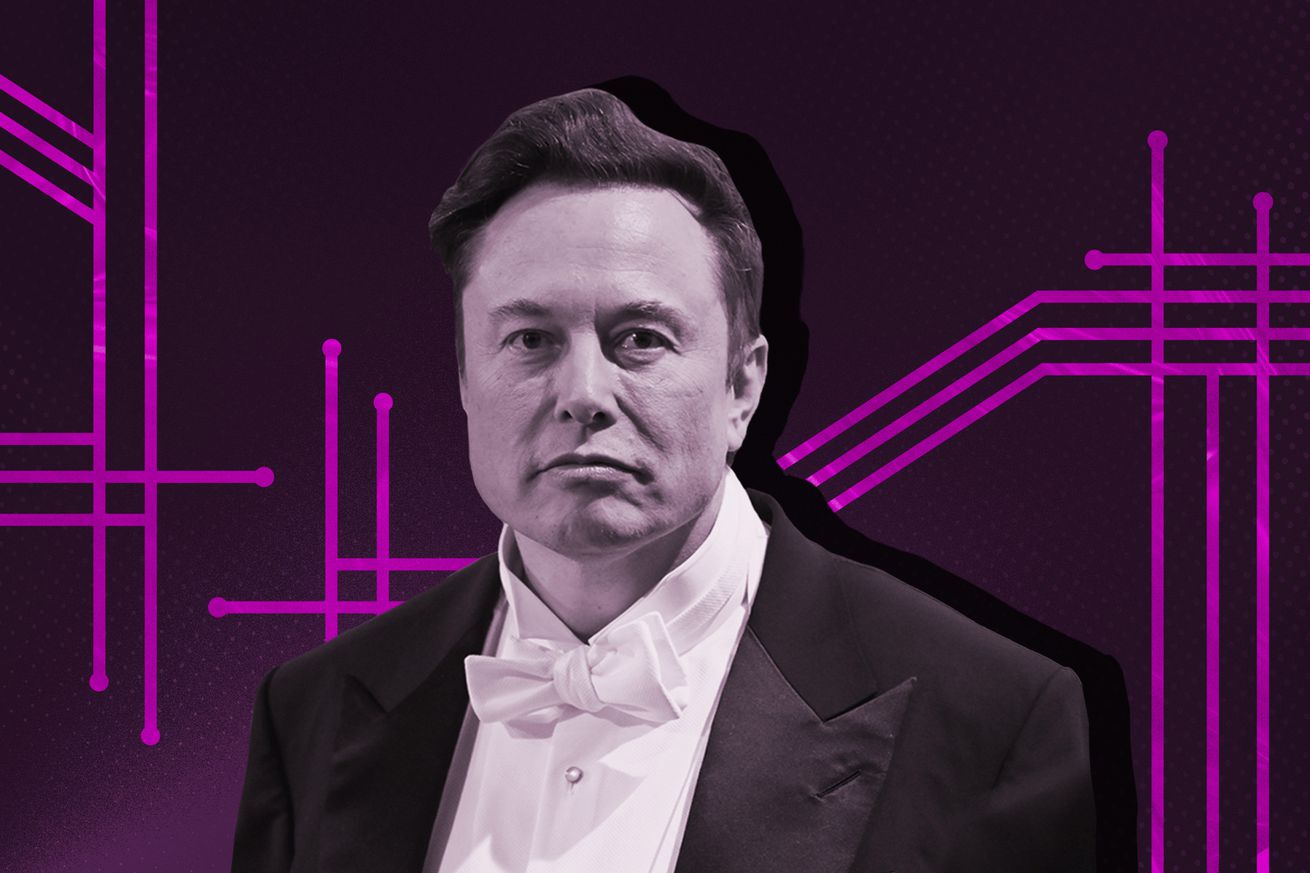 A photo of Elon Musk over a purple illustration