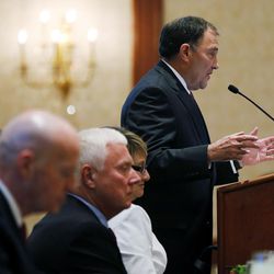 Gov. Gary Herbert introduces himself during a Utah Foundation luncheon at the City Center Marriott in Salt Lake City on Thursday, March 24, 2016.