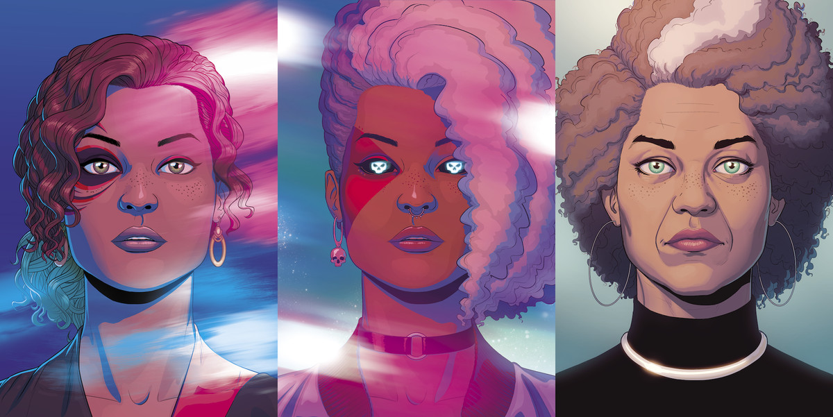 Left to right, Laura appears as a teen in face paint, the goddess Persephone, and her own middle-aged self, on three covers from The Wicked + The Divine, Image Comics. 