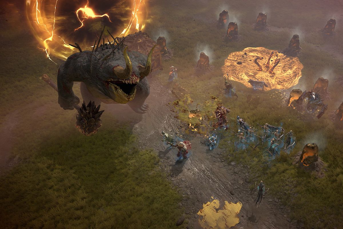 Diablo 4 characters battle a giant troll on a grassy battlefield.