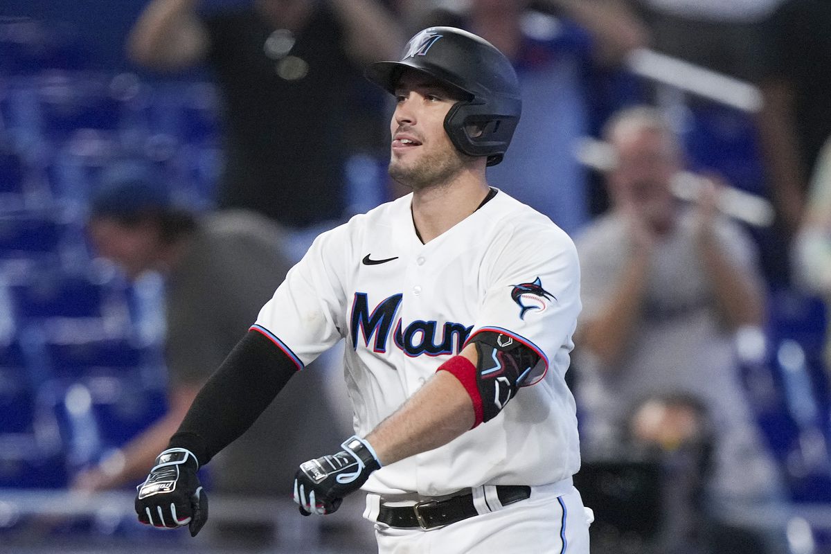 Nick Fortes #54 of the Miami Marlins celebrates after hitting a walk-off home run in the bottom of the ninth against the New York Mets at loanDepot park on June 26, 2022 in Miami, Florida.