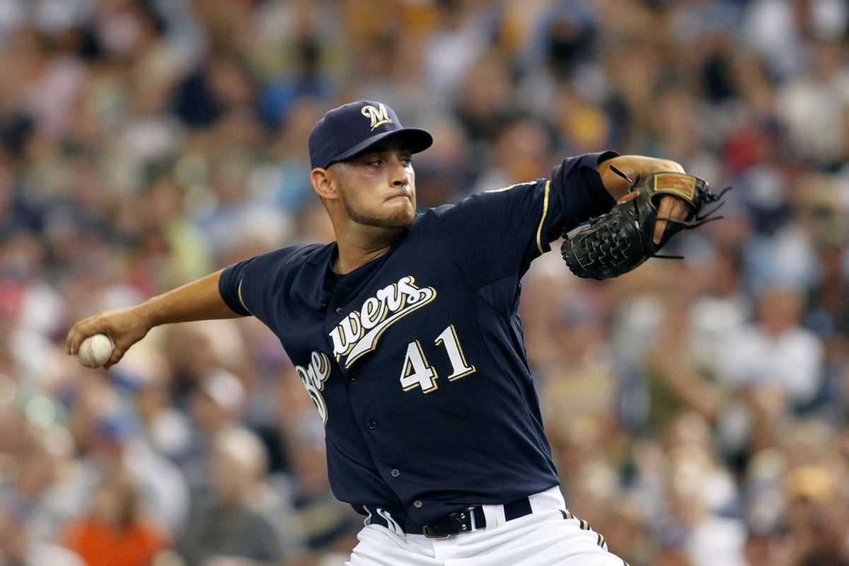 MILWAUKEE, WI - AUGUST 13:  Marco Estrada #41 of the Milwaukee Brewers pitches against the Pittsburgh Pirates at Miller Park on August 13, 2011 in Milwaukee, Wisconsin.  (Photo by Mark Hirsch/Getty Images)