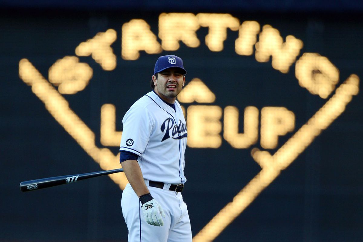 July 7, 2012; San Diego, CA, USA; San Diego Padres left fielder Carlos Quentin (18) prior to a game against the Cincinnati Reds at Petco Park.  Mandatory Credit: Christopher Hanewinckel-US PRESSWIRE