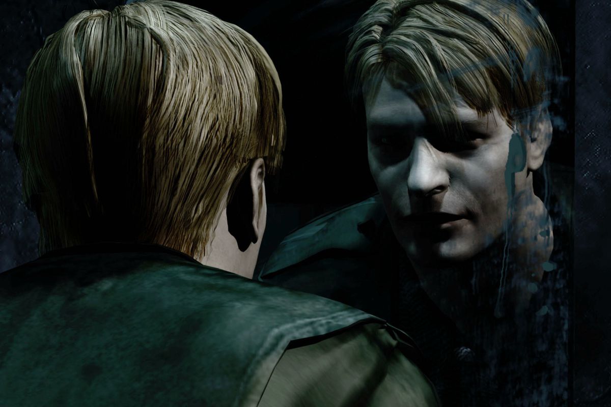James Sunderland looks at his reflection in a scene from Silent Hill 2