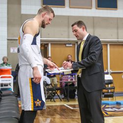 Salt Lake City Stars coach Martin Schiller chats with Taylor Braun during a game against the Northern Arizona Suns on March 9, 2018 at Bruin Arena.