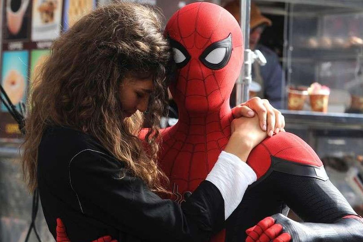 Zendaya and Tom Holland as MJ and Spider-Man in Spider-Man: Far From Home.