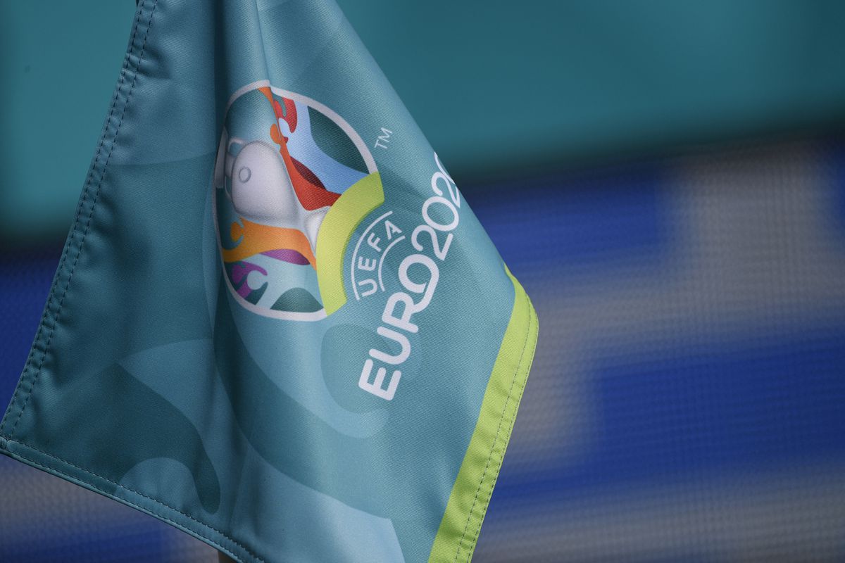The corner flag with Euro2020 logo is seen during the Uefa...