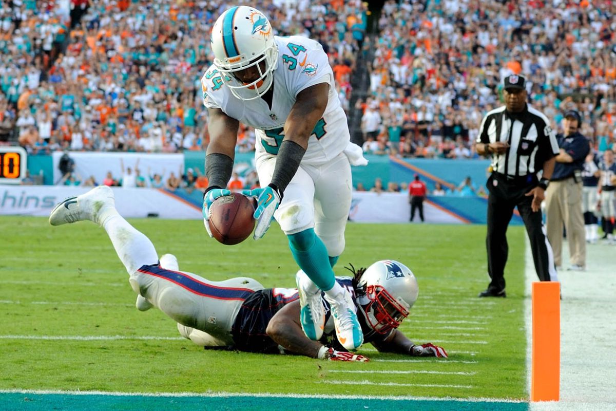 Marcus Thigpen scoring the game-winning touchdown for the Dolphins against the Patriots.
