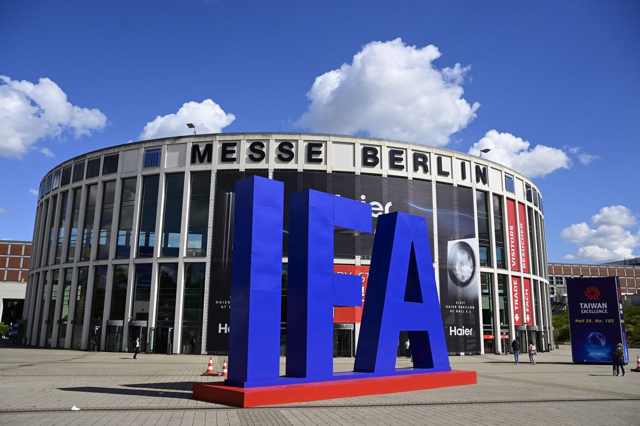 A giant IFA logo stands next to an entrance of the Internationale Funkausstellung IFA international trade show for consumer electronics and home appliances, on September 2, 2022 at the fair grounds in Berlin.