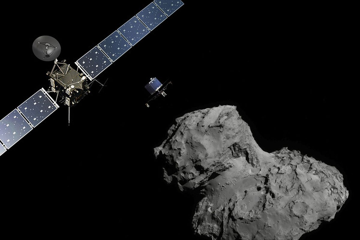 A rendering of the Rosetta probe, next to the comet 67P/G-C.