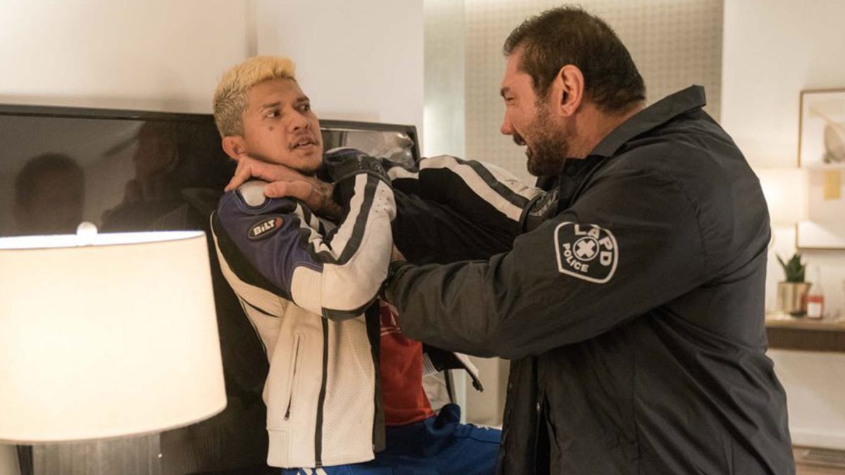 Iko Uwais and Dave Bautista in Stuber.