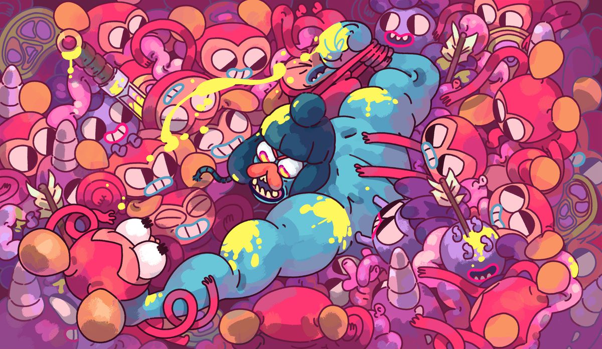An illustration of Grindstone’s Jorj the viking being overwhelmed by a mob of brightly colored monsters, clinging to his arms as he tries to escape.
