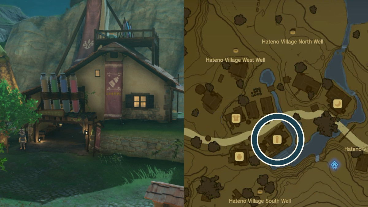 Dye shop location in Hateno Village that allows you to change the design of your paraglider and the color of your armor in The Legend of Zelda: Tears of the Kingdom.
