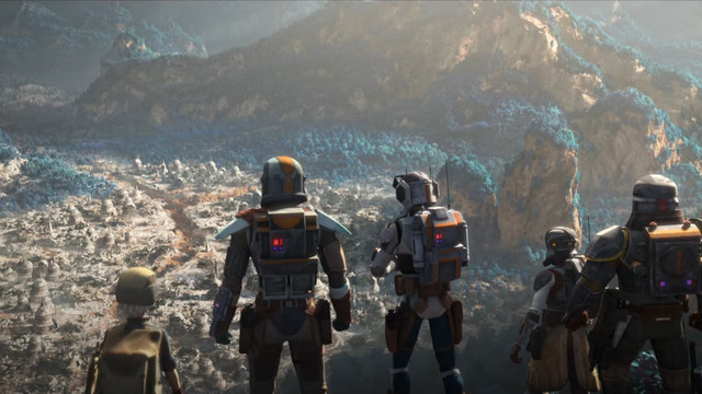 Several members of Clone Force 99 stand facing a valley in The Bad Batch season 2