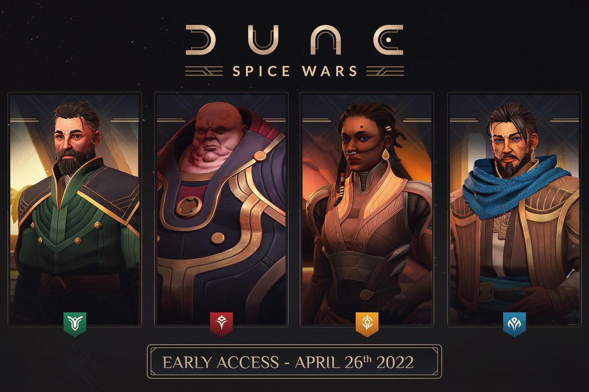 Four characters are shown representing the four factions in Dune: Spice Wars