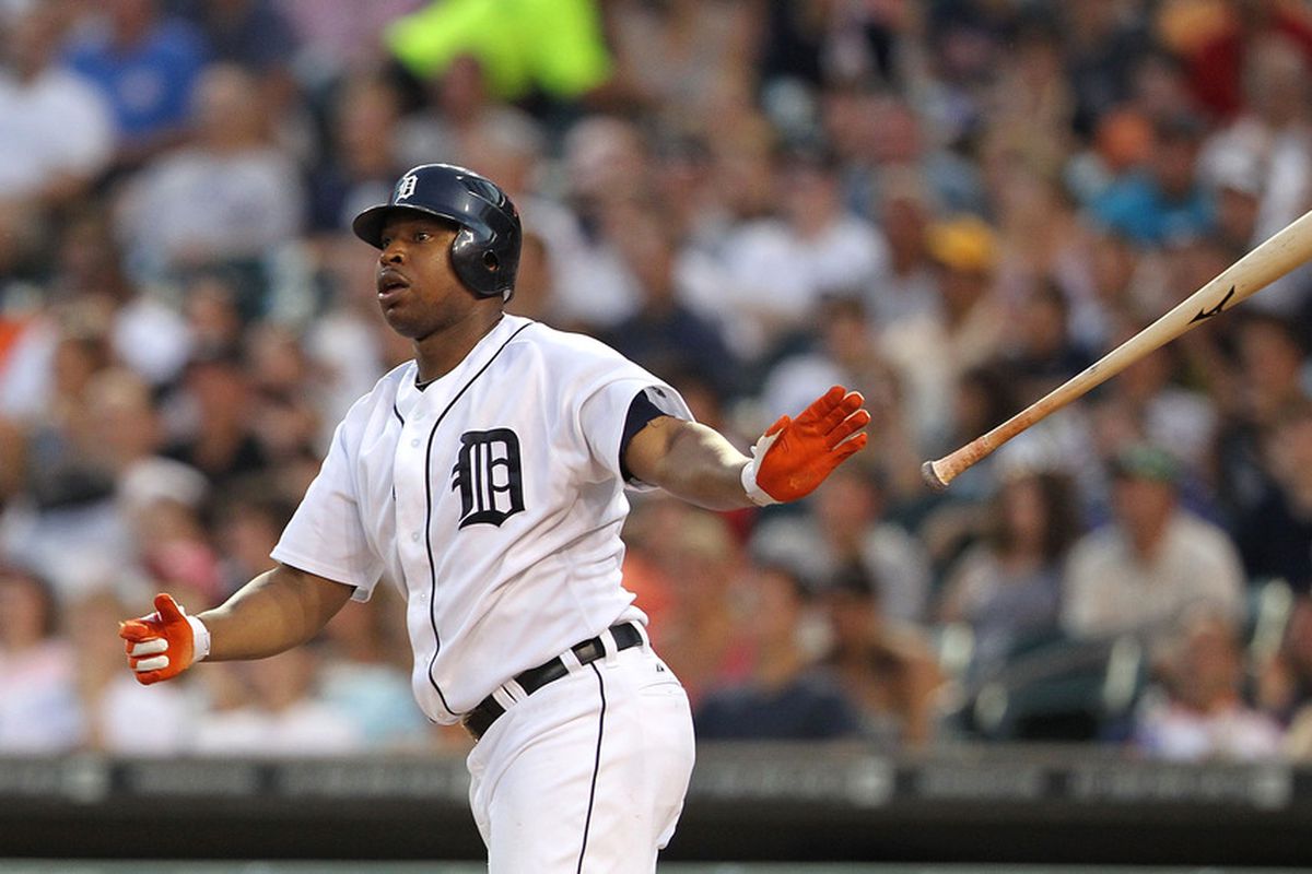 DETROIT, MI - JULY 06: Delmon Young #21 of the Detroit Tigers hits a two-run home run in the sixth inning against the Kansas City Royals at Comerica Park on July 6, 2012 in Detroit, Michigan.  (Photo by Leon Halip/Getty Images)