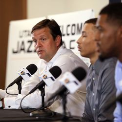 Utah Jazz general manager Dennis Lindsey speaks during a press conference about Danté Exum, Derrick Favors and Raul Neto re-signing with the Utah Jazz at the Zions Bank Basketball Center in Salt Lake City on Friday, July 6, 2018.