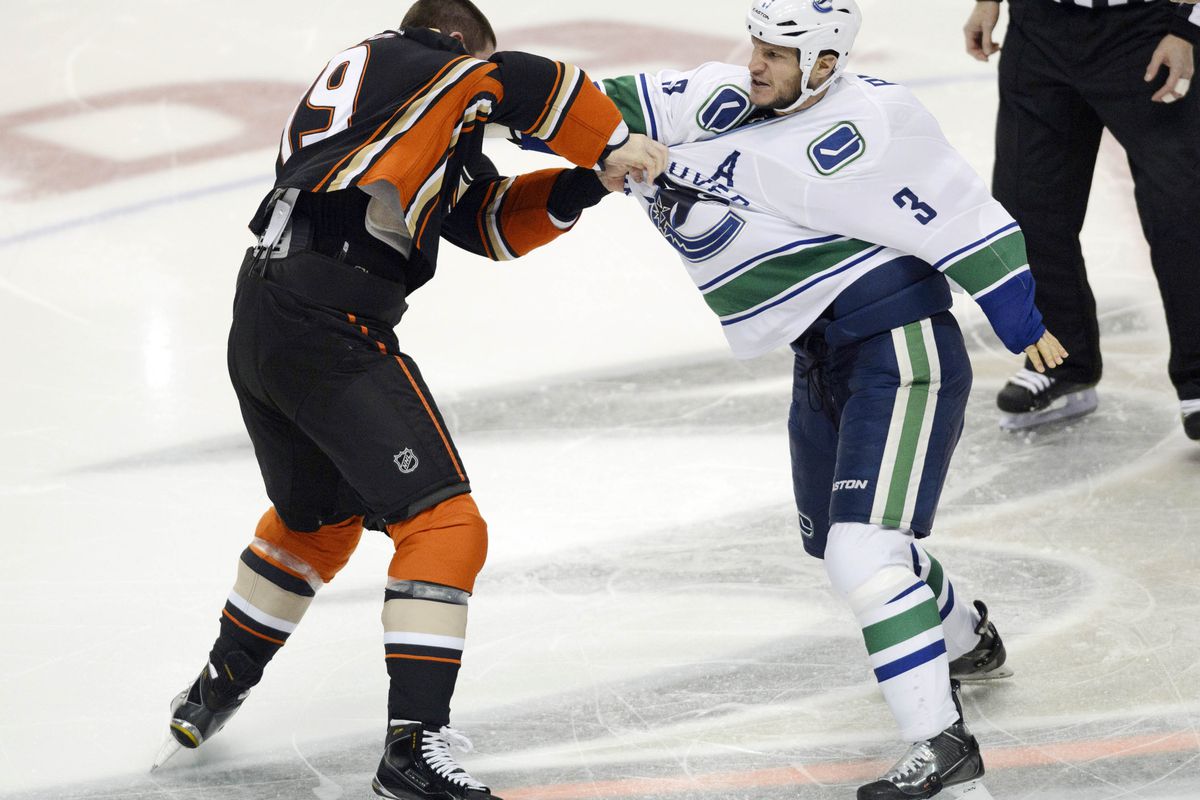 Patrick Maroon and Kevin Bieksa dropped the gloves and fought just three seconds into the first meeting between the Ducks and Canucks earlier this season