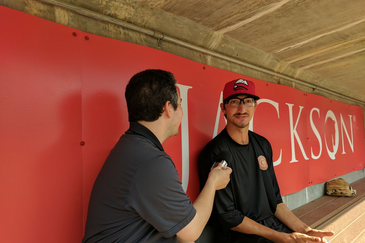 Blue Jays minor league pitcher Kyle Weatherly speaks with Lansing Lugnuts broadcaster Jesse Goldberg-Strassler in Lansing, Michigan.