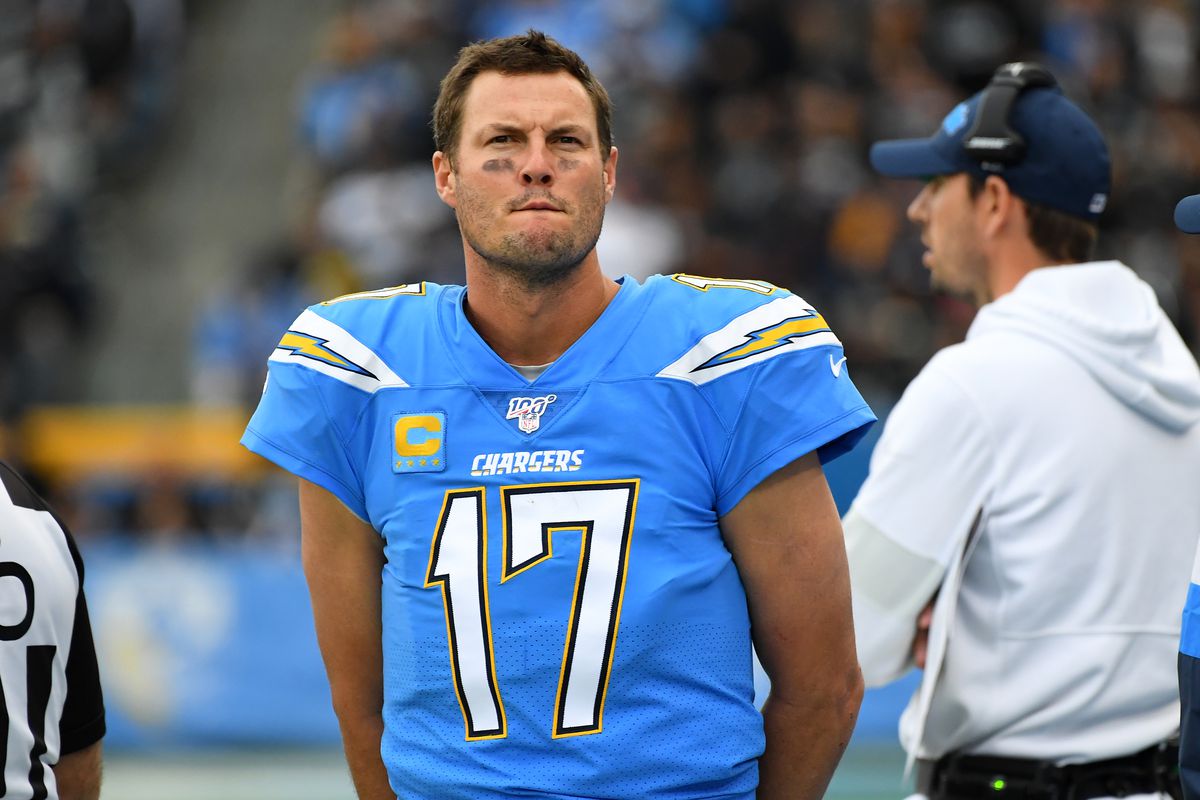 &nbsp;Quarterback Philip Rivers #17 of the Los Angeles Chargers looks on from the sidelines in the fourth quarter of the game against the Oakland Raiders at Dignity Health Sports Park on December 22, 2019 in Carson, California.