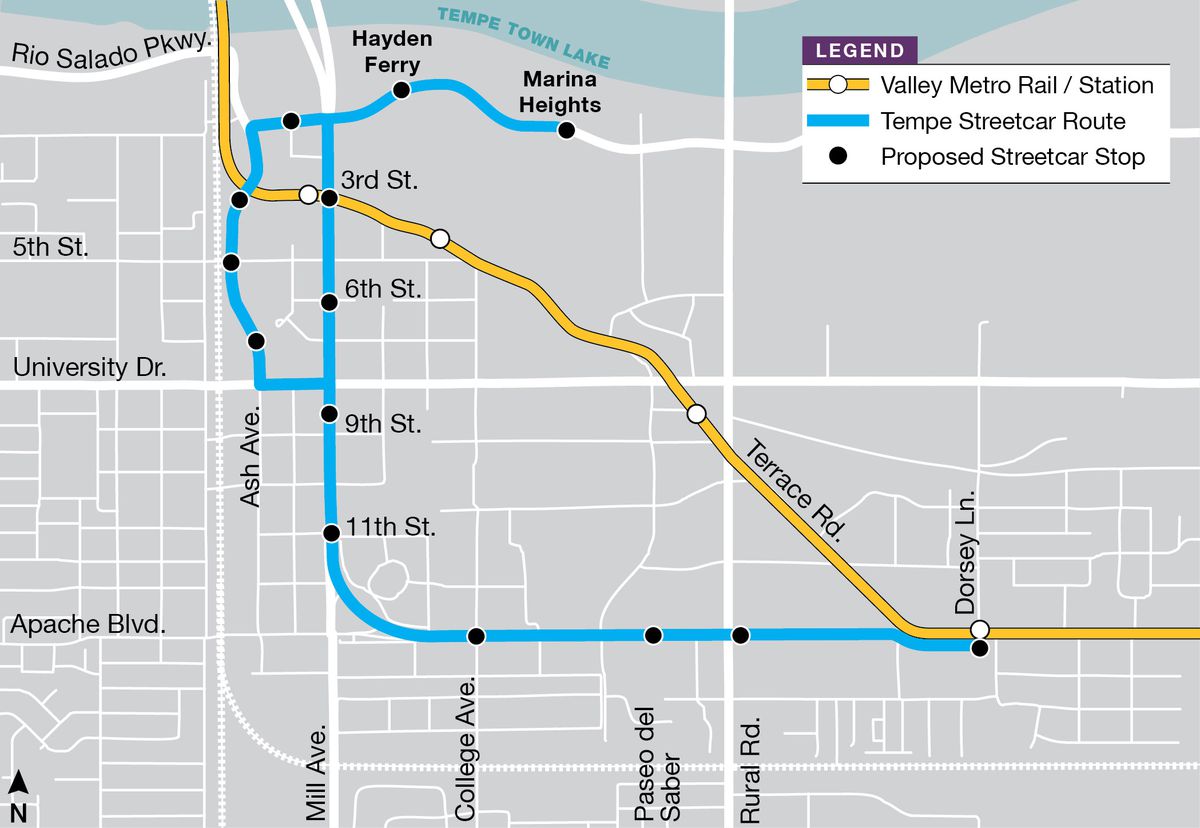 Proposed route of the forthcoming Tempe streetcar line