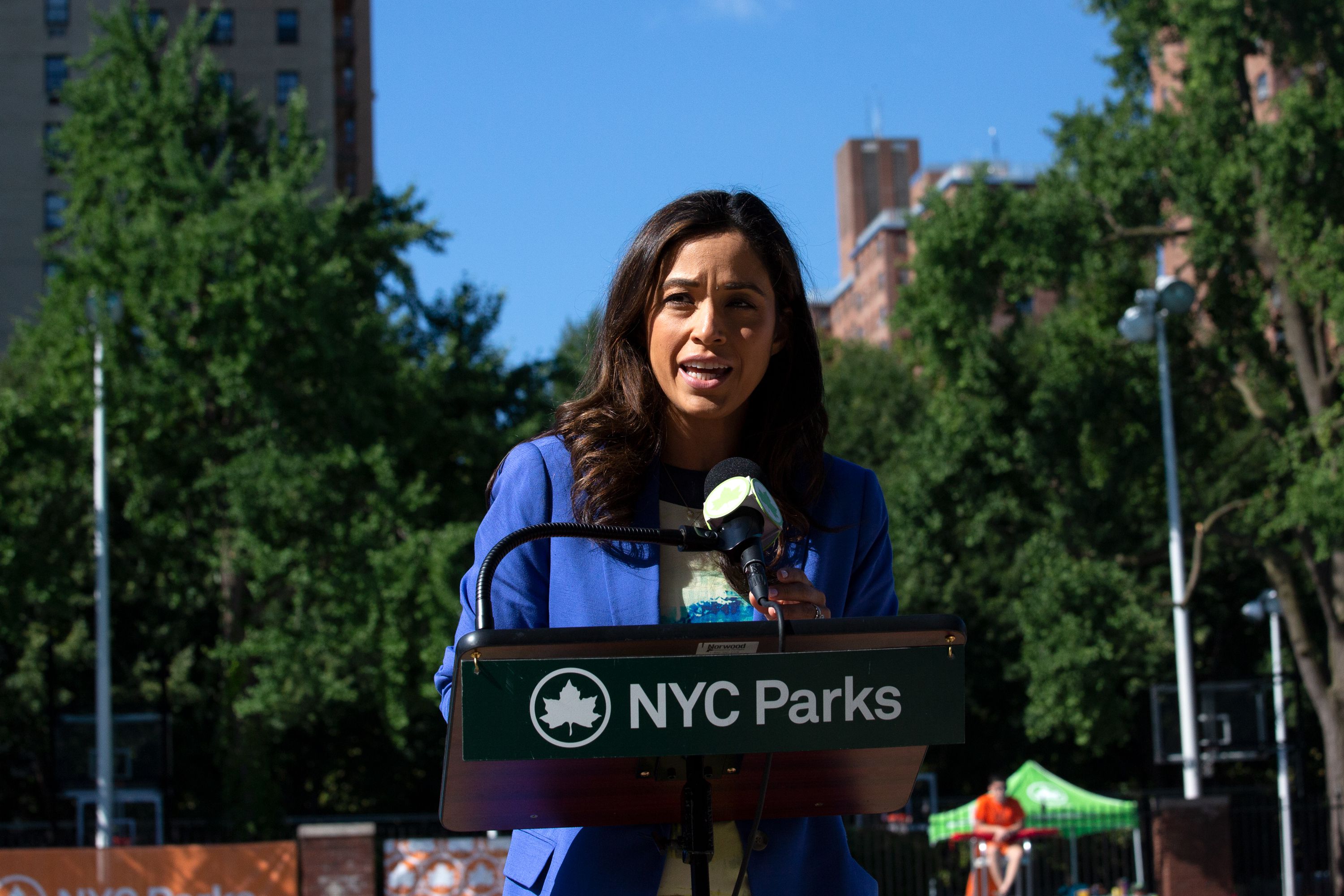 Councilmember Carlina Rivera (D-Manhattan) celebrates the opening of swim season at the Hamilton Fish Pool in the Lower East Side, June 28, 2022.