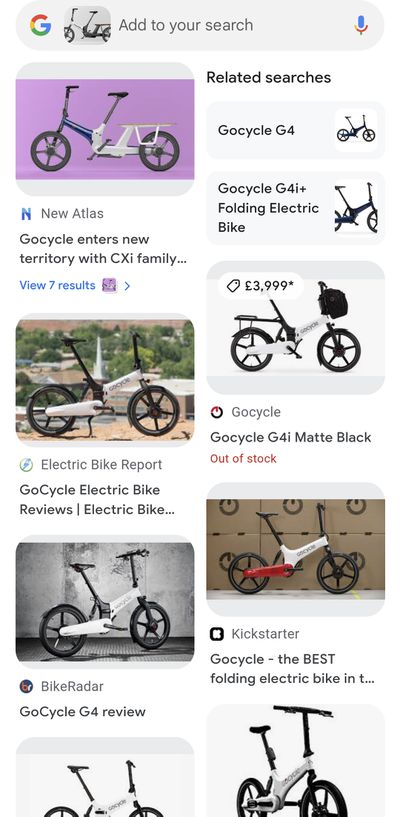 A Google Lens list of related searches showing bicycles.