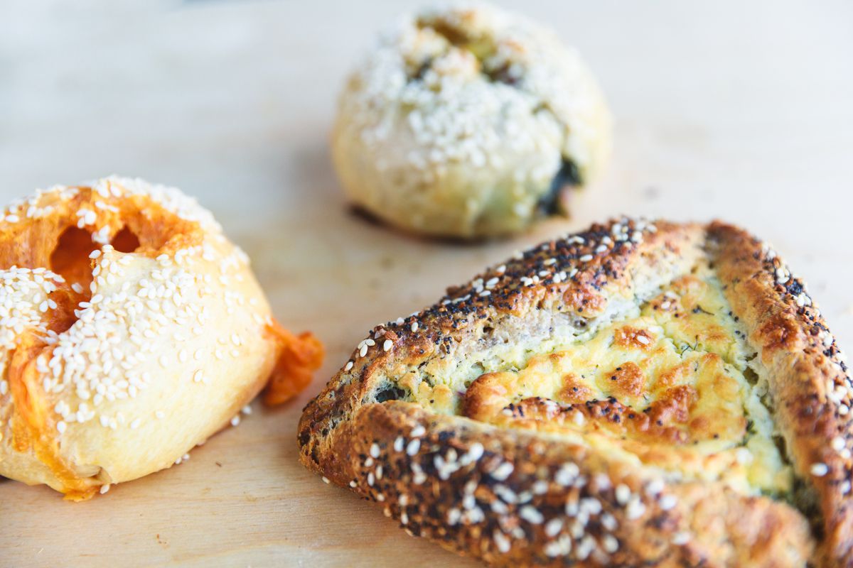 A trio of savory baked goods.