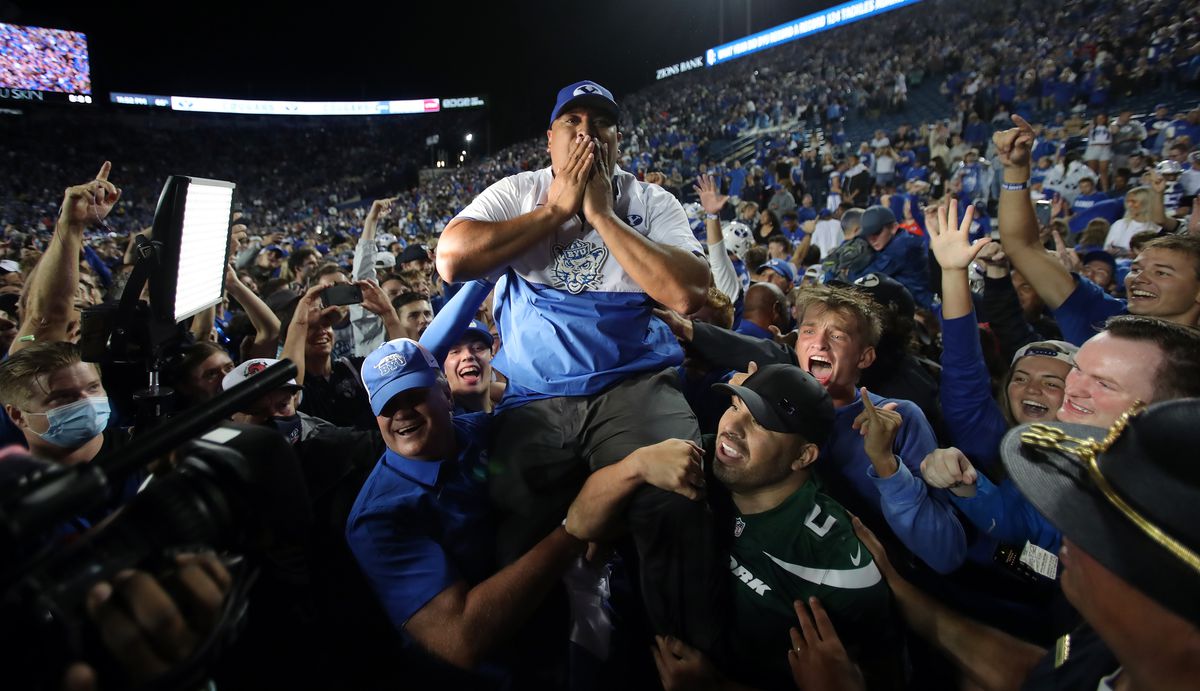 Brigham Young Cougars head coach Kalani Sitake celebrates the win as BYU defeats Utah in an NCAA football game at LaVell Edwards Stadium in Provo on Saturday, Sept. 11, 2021. BYU won 26-17, ending a nine-game losing streak to the Utes.