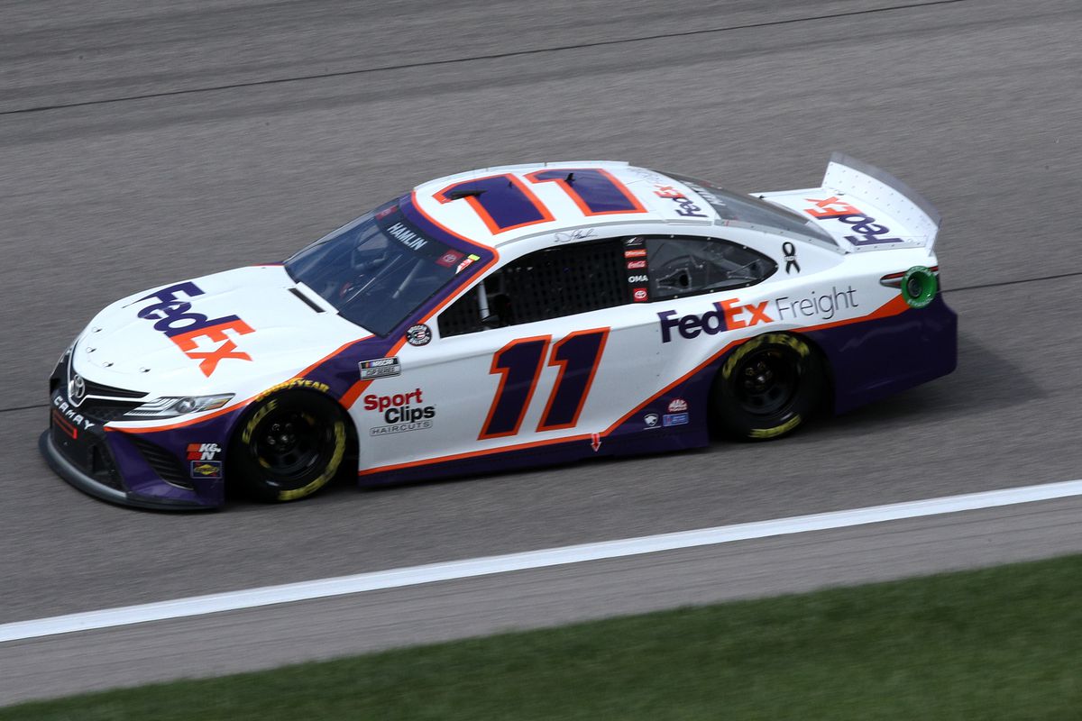 Denny Hamlin, driver of the #11 FedEx Freight Toyota, drives during the NASCAR Cup Series Buschy McBusch Race 400 at Kansas Speedway on May 02, 2021 in Kansas City, Kansas.
