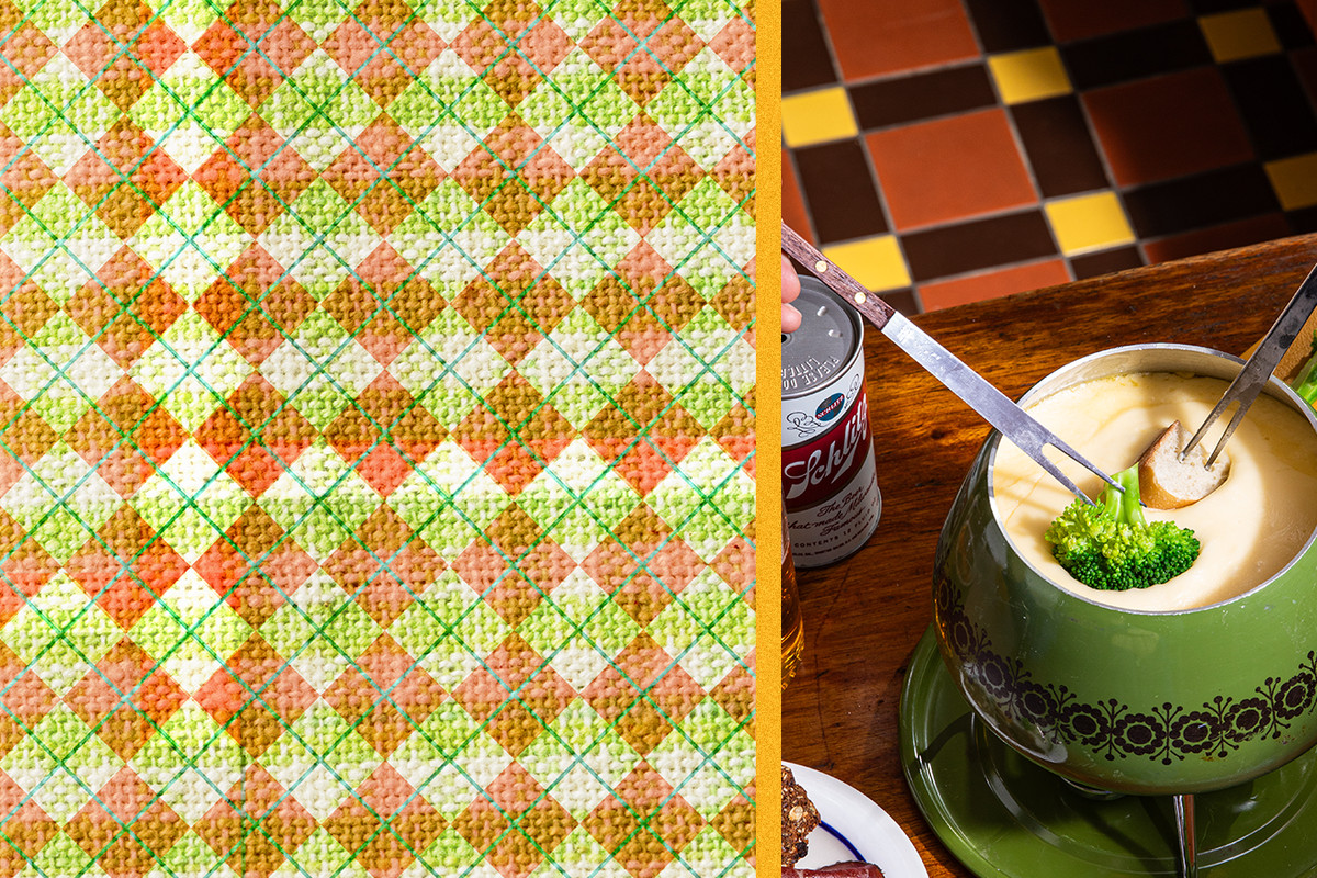 A collage of a vegan cheese fondue next to a yellow plaid background.