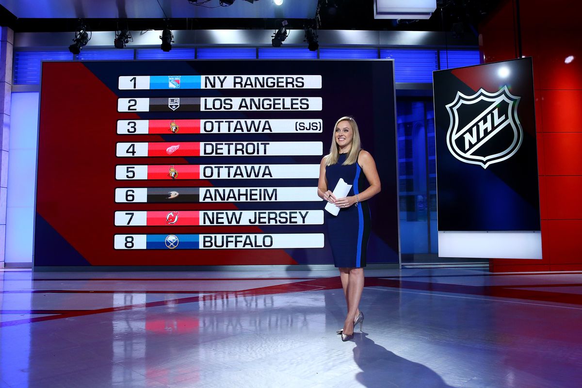 SECAUCUS, NEW JERSEY - AUGUST 10: 2020 NHL Network studio host Jamie Hersch is seen with the NHL draft positions board during Phase 2 of the 2020 NHL Draft Lottery on August 10, 2020 at the NHL Network’s studio in Secaucus, New Jersey.