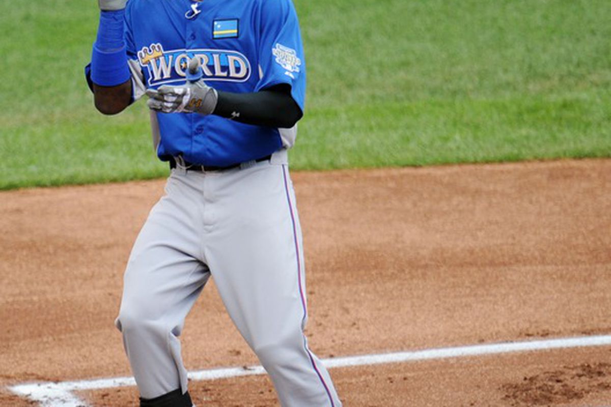 July 8, 2012; Kansas City, MO, USA; World player Jurickson Profar celebrates after hitting a solo home run during the first inning of the 2012 All Star Futures Game at Kauffman Stadium.  Mandatory Credit: Peter G. Aiken-US PRESSWIRE